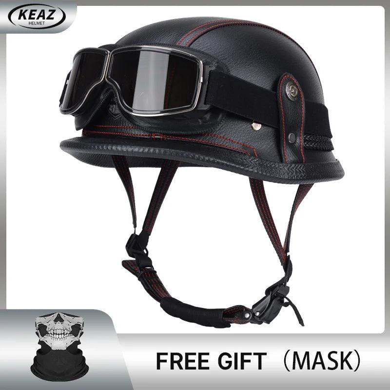 Classical German Style Leather Women and Men Half Face Motorcycle Helmets With Copper Googles Capacete De Moto Masculino DOT