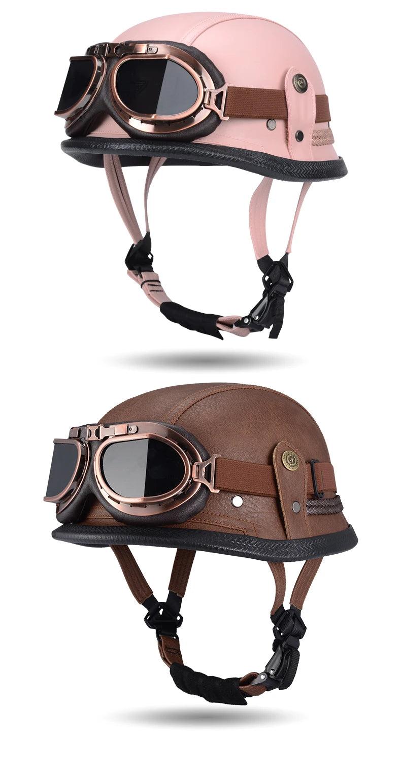 Classical German Style Leather Women and Men Half Face Motorcycle Helmets With Copper Googles Capacete De Moto Masculino DOT