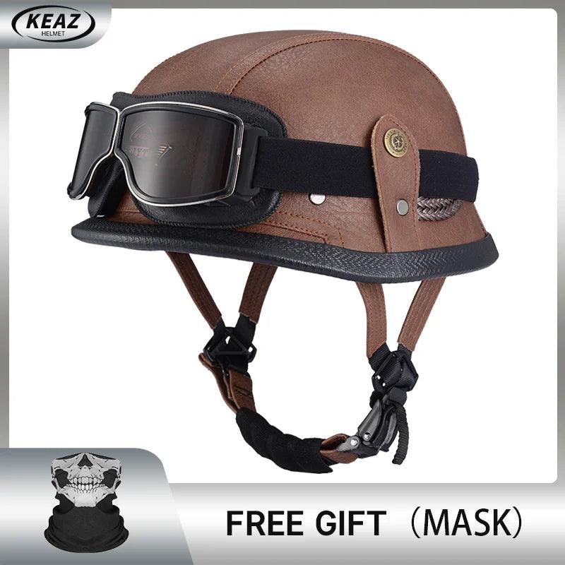 Classical German Style Leather Women and Men Half Face Motorcycle Helmets With Copper Googles Capacete De Moto Masculino DOT