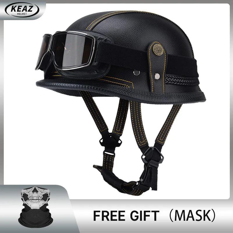 Classical German Style Leather Women and Men Half Face Motorcycle Helmets With Copper Googles Capacete De Moto Masculino DOT