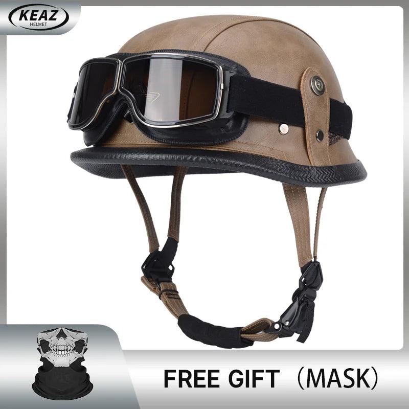 Classical German Style Leather Women and Men Half Face Motorcycle Helmets With Copper Googles Capacete De Moto Masculino DOT