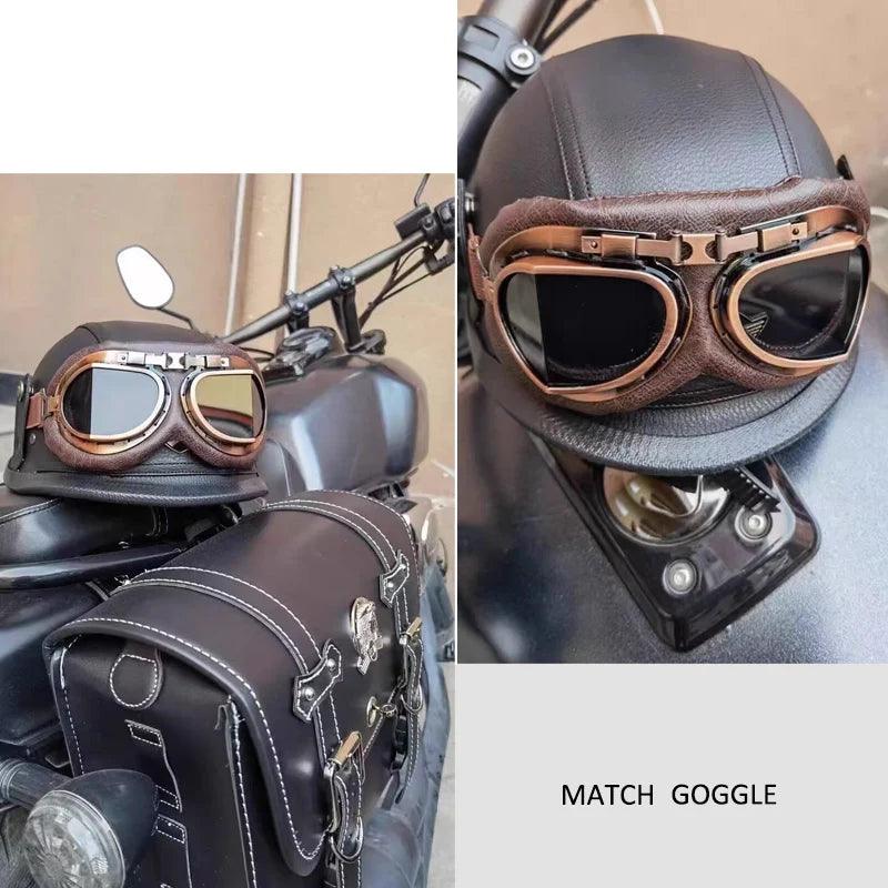 Classical German Style Leather Women and Men Half Face Motorcycle Helmets With Copper Googles Capacete De Moto Masculino DOT