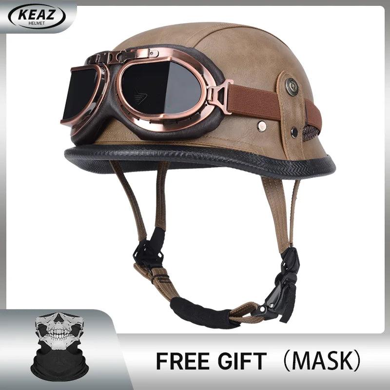 Classical German Style Leather Women and Men Half Face Motorcycle Helmets With Copper Googles Capacete De Moto Masculino DOT