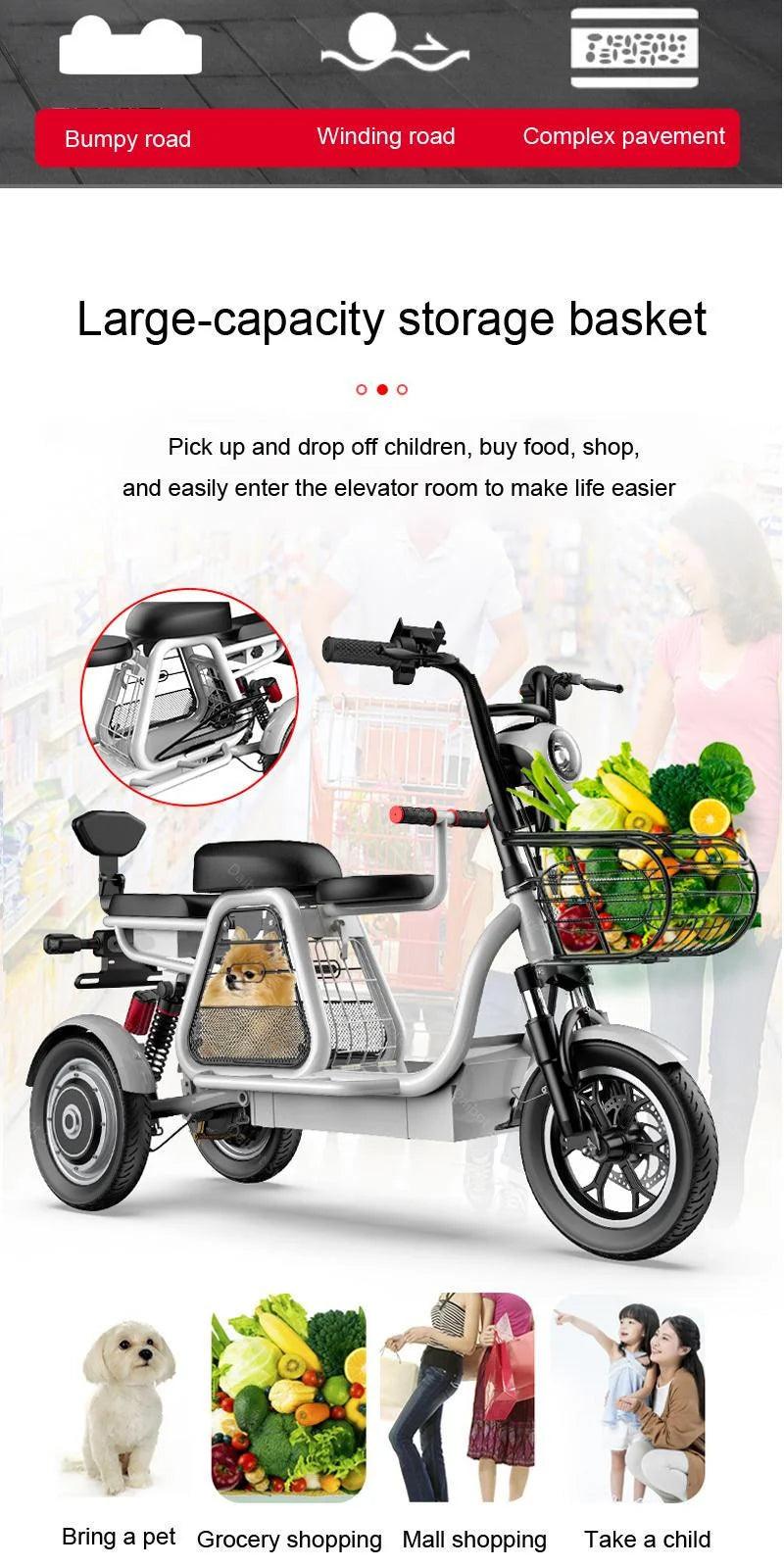 Daibot Electric Scooter Tricycle Three Wheels Electric Scooters 12'' Parent- child White/Blue/Black/Red Adult Electric Bicycle - Franklyn & Page Emporium