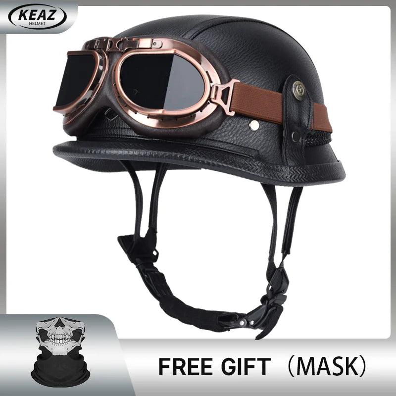 Classical German Style Leather Women and Men Half Face Motorcycle Helmets With Copper Googles Capacete De Moto Masculino DOT