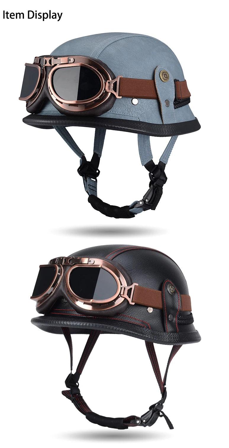 Classical German Style Leather Women and Men Half Face Motorcycle Helmets With Copper Googles Capacete De Moto Masculino DOT