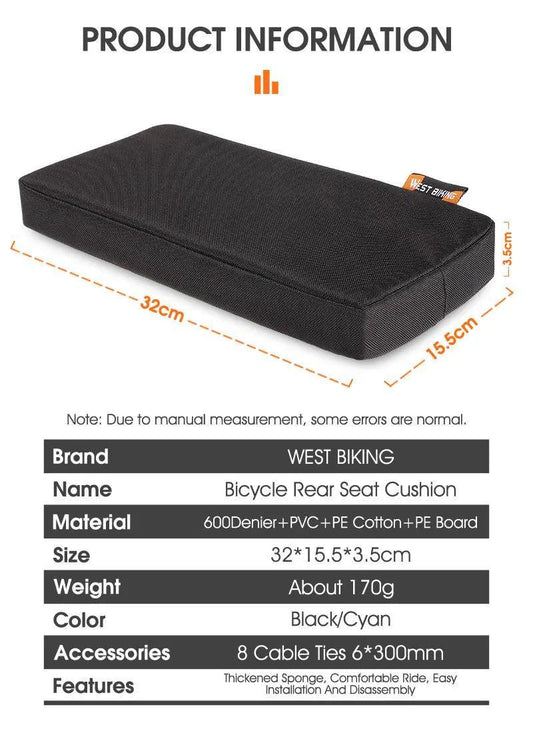 WEST BIKING Bicycle Rear Seat Soft Cushion Thickened Comfortable Cycling Back Seat Mat MTB Detachable Washable Rear Rack Cushion - Franklyn & Page Emporium