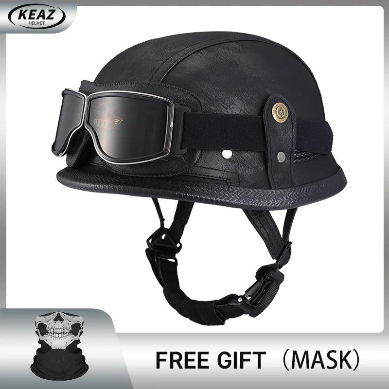 Classical German Style Leather Women and Men Half Face Motorcycle Helmets With Copper Googles Capacete De Moto Masculino DOT