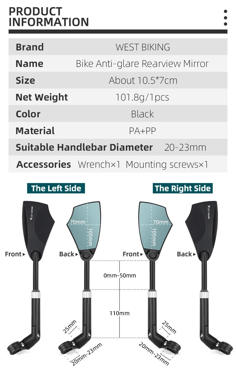 WEST BIKING Anti-Glare Bicycle Mirror Handlebar Rear View Wide Range Back Sight Reflect electric scooter Mirror bike accessories - Franklyn & Page Emporium