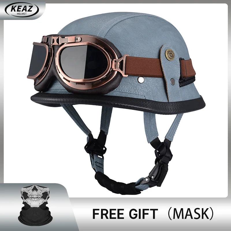Classical German Style Leather Women and Men Half Face Motorcycle Helmets With Copper Googles Capacete De Moto Masculino DOT