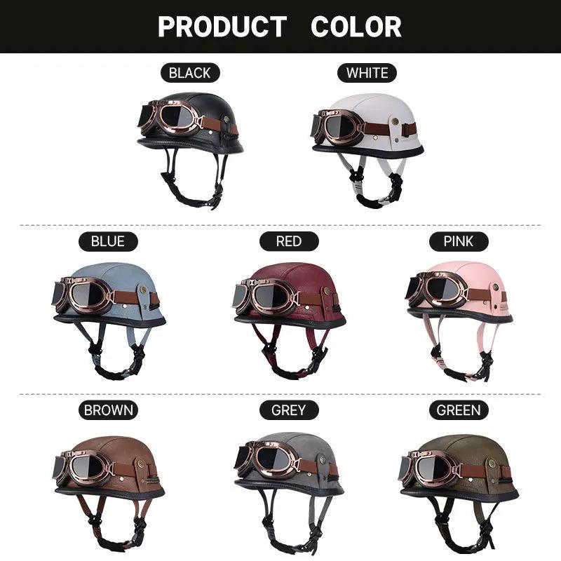 Classical German Style Leather Women and Men Half Face Motorcycle Helmets With Copper Googles Capacete De Moto Masculino DOT