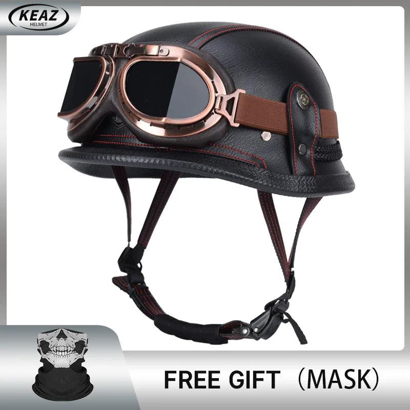 Classical German Style Leather Women and Men Half Face Motorcycle Helmets With Copper Googles Capacete De Moto Masculino DOT