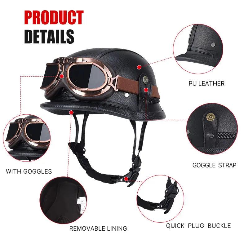 Classical German Style Leather Women and Men Half Face Motorcycle Helmets With Copper Googles Capacete De Moto Masculino DOT