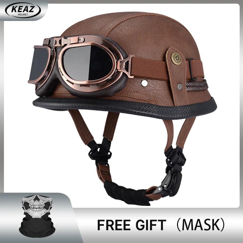 Classical German Style Leather Women and Men Half Face Motorcycle Helmets With Copper Googles Capacete De Moto Masculino DOT