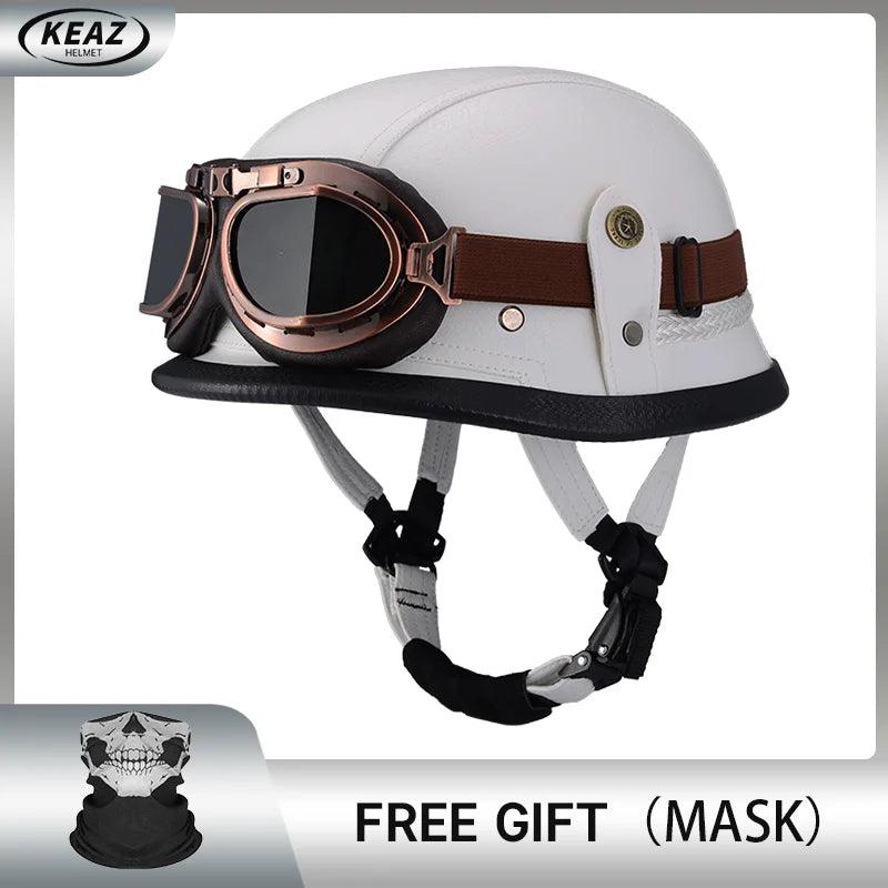 Classical German Style Leather Women and Men Half Face Motorcycle Helmets With Copper Googles Capacete De Moto Masculino DOT