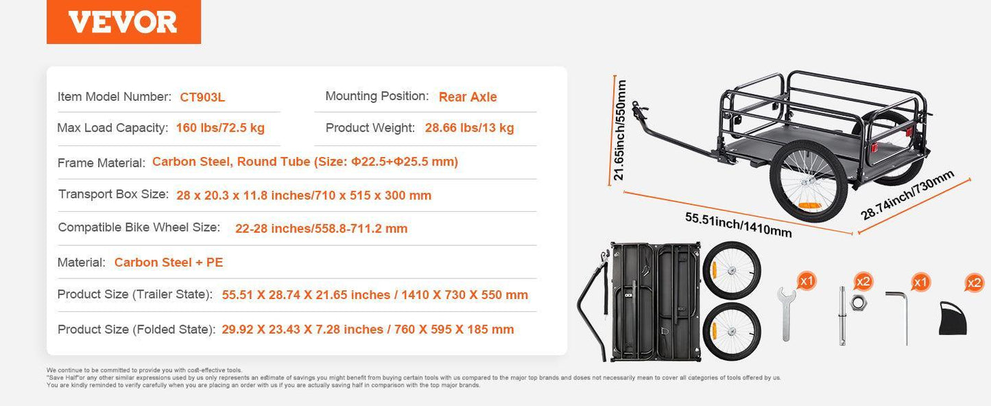 VEVOR 160 lbs Bike Cargo Trailer Foldable Storage Bicycle Wagon Cart with 16" Wheels Safe Reflectors Fits 22"-28" Bike Wheels