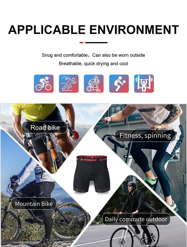 X-TIGER Men's Cycling Underwear Shorts 5D Padded Sports Riding Bike Bicycle MTB Liner Shorts with Anti-Slip Leg Grips