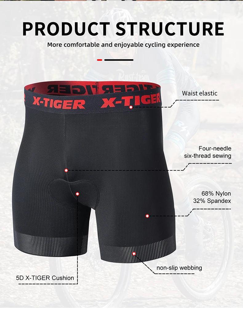 X-TIGER Men's Cycling Underwear Shorts 5D Padded Sports Riding Bike Bicycle MTB Liner Shorts with Anti-Slip Leg Grips