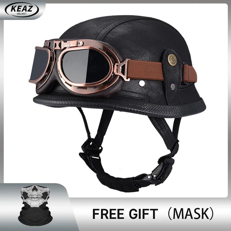 Classical German Style Leather Women and Men Half Face Motorcycle Helmets With Copper Googles Capacete De Moto Masculino DOT