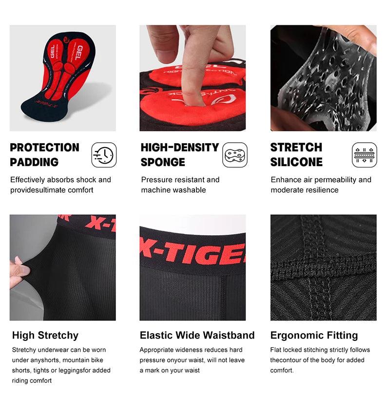 X-TIGER Men's Cycling Underwear Shorts 5D Padded Sports Riding Bike Bicycle MTB Liner Shorts with Anti-Slip Leg Grips